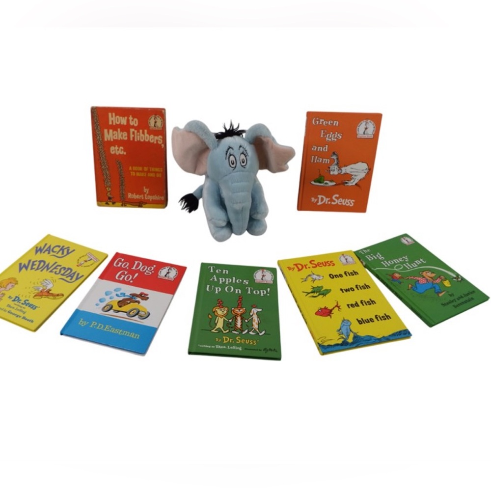 Dr. Seuss Book Lot with plush includes 1964 “How to Make Fibbers, X 7 Books.